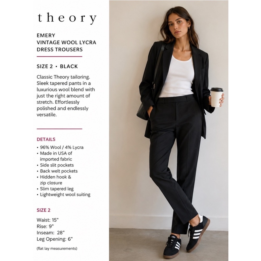 Theory Emery Vintage Wool Lycra Dress Trousers Black Minimal Tailored Pants Sz 2